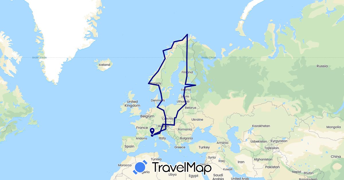 TravelMap itinerary: driving in Austria, Czech Republic, Germany, Denmark, Estonia, Finland, France, Hungary, Italy, Lithuania, Latvia, Norway, Poland, Russia, Sweden, Slovenia (Europe)